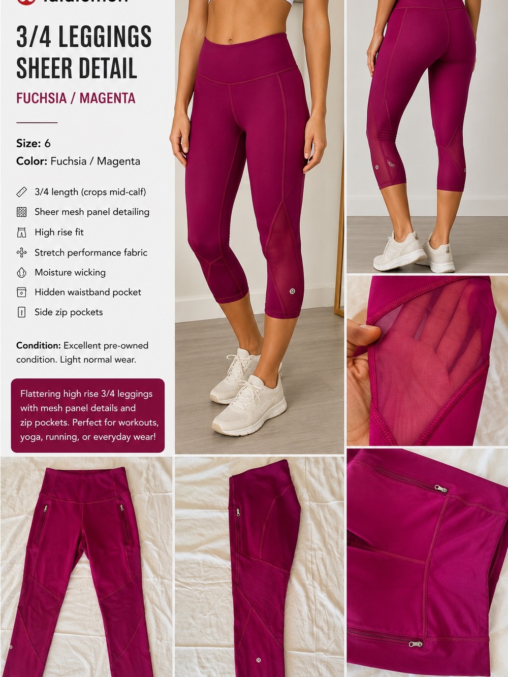 lululemon athletica Fuchsia/Magenta High-Rise 3/4 Sheer Panel Leggings